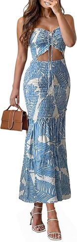 HWP Summer Tropical Strapless Floral Dresses for Women Sexy Tie Bandeau Prom Dress Ruffle Hem Vacation Wedding Guest Dress in Saudi Arabia