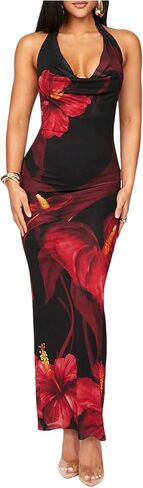SHENHE Women's Sexy Floral Maxi Dress Halter Tie Backless Cowl Neck Bodycon Party Dress in Saudi Arabia