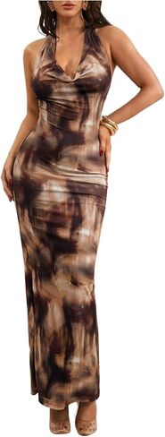SHENHE Women's Sexy Floral Maxi Dress Halter Tie Backless Cowl Neck Bodycon Party Dress in Saudi Arabia