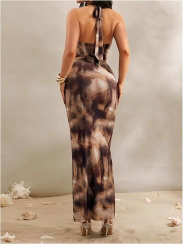 SHENHE Women's Sexy Floral Maxi Dress Halter Tie Backless Cowl Neck Bodycon Party Dress in Saudi Arabia