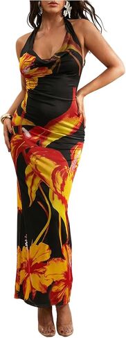 SHENHE Women's Sexy Floral Maxi Dress Halter Tie Backless Cowl Neck Bodycon Party Dress in Saudi Arabia