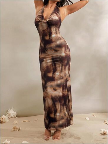 SHENHE Women's Sexy Floral Maxi Dress Halter Tie Backless Cowl Neck Bodycon Party Dress in Saudi Arabia
