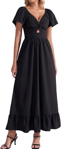 EYNMIN Summer Wedding Guest Maxi Dress Ruffle Short Sleeve V Neck Bow Tie Flowy Long Dresses Casual Beach Sundress for Women in Saudi Arabia