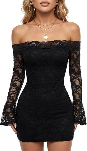 LYANER Women's Floral Lace Off The Shoulder Bell Long Sleeve Bodycon Y2k Sexy Mini Dress in Kuwait