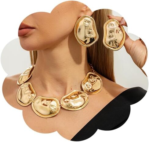 Chunky Statement Jewelry Set for Women Gold Geometric Hammered Earrings and Choker Necklace Trendy Fashion Accessory Jewelry in Saudi Arabia