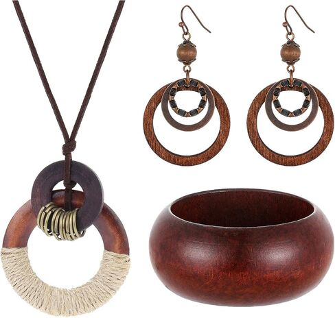 4 Pcs Boho Wooden Jewelery Set Vintage Multilayer Pendant Adjustable Sweater Necklace Brown Circle Earrings Chunky Wooden Bracelet for Women Men in Kuwait