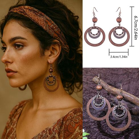 4 Pcs Boho Wooden Jewelery Set Vintage Multilayer Pendant Adjustable Sweater Necklace Brown Circle Earrings Chunky Wooden Bracelet for Women Men in Kuwait