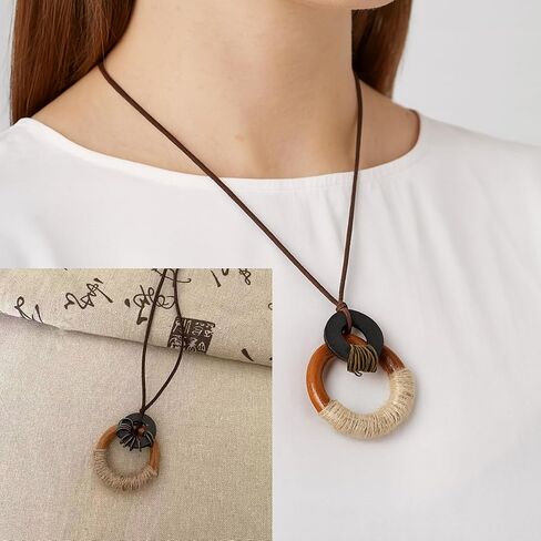 4 Pcs Boho Wooden Jewelery Set Vintage Multilayer Pendant Adjustable Sweater Necklace Brown Circle Earrings Chunky Wooden Bracelet for Women Men in Kuwait