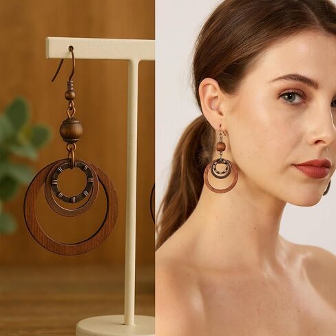 4 Pcs Boho Wooden Jewelery Set Vintage Multilayer Pendant Adjustable Sweater Necklace Brown Circle Earrings Chunky Wooden Bracelet for Women Men in Kuwait