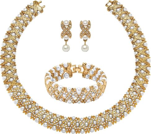 PalmBeach Goldtone Round Crystal and Simulated Pearl 3 Piece X and O Collar Necklace, Earring and Bracelet Set, 18 inches in Kuwait
