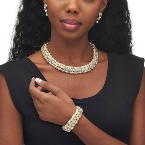 PalmBeach Goldtone Round Crystal and Simulated Pearl 3 Piece X and O Collar Necklace, Earring and Bracelet Set, 18 inches in Kuwait