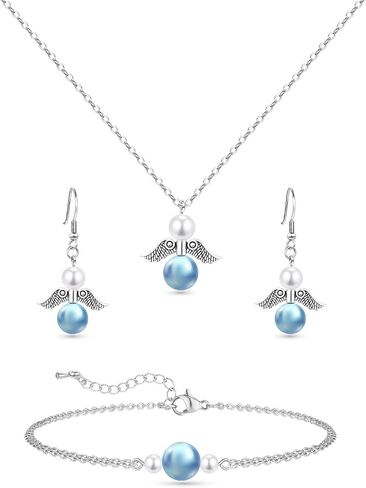 Jewelry Set for Girls/Women, Angel Wing Pearl Necklace Bracelet Earring Gifts Set with Blessing Charm for Birthday Christmas Easter Anniversary for Daughter Granddaughter Sister Best Friend in Saudi Arabia