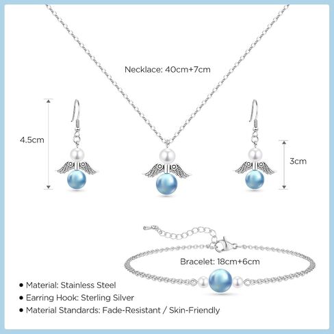 Jewelry Set for Girls/Women, Angel Wing Pearl Necklace Bracelet Earring Gifts Set with Blessing Charm for Birthday Christmas Easter Anniversary for Daughter Granddaughter Sister Best Friend in Saudi Arabia