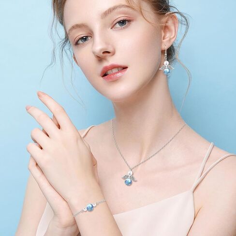 Jewelry Set for Girls/Women, Angel Wing Pearl Necklace Bracelet Earring Gifts Set with Blessing Charm for Birthday Christmas Easter Anniversary for Daughter Granddaughter Sister Best Friend in Saudi Arabia