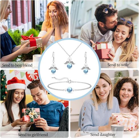 Jewelry Set for Girls/Women, Angel Wing Pearl Necklace Bracelet Earring Gifts Set with Blessing Charm for Birthday Christmas Easter Anniversary for Daughter Granddaughter Sister Best Friend in Saudi Arabia