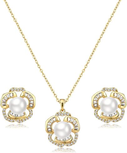 Pearl Flower Jewelry Set for Women 14K Gold Plated Cubic Zirconia Earrings and Necklace Set Adjustable Chain Elegant Gift for Her in Kuwait