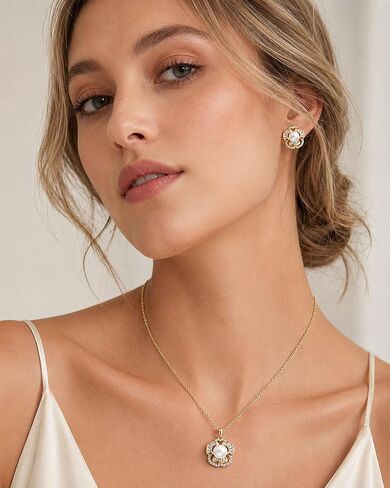 Pearl Flower Jewelry Set for Women 14K Gold Plated Cubic Zirconia Earrings and Necklace Set Adjustable Chain Elegant Gift for Her in Kuwait