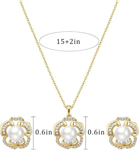 Pearl Flower Jewelry Set for Women 14K Gold Plated Cubic Zirconia Earrings and Necklace Set Adjustable Chain Elegant Gift for Her in Kuwait