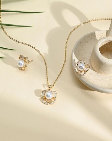 Pearl Flower Jewelry Set for Women 14K Gold Plated Cubic Zirconia Earrings and Necklace Set Adjustable Chain Elegant Gift for Her in Kuwait