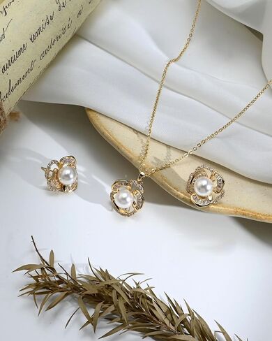 Pearl Flower Jewelry Set for Women 14K Gold Plated Cubic Zirconia Earrings and Necklace Set Adjustable Chain Elegant Gift for Her in Kuwait