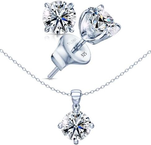 Moissanite Pendant and Earring Set for Women — 3ct Round Pendant Necklace 1 or 2 ctw Screw Back Stud Earrings, D Color VVS1, 16+4" Adjustable Chain, 925 Sterling Silver 18K White Gold Plated, Hypoallergenic Sensitive Ears in Saudi Arabia