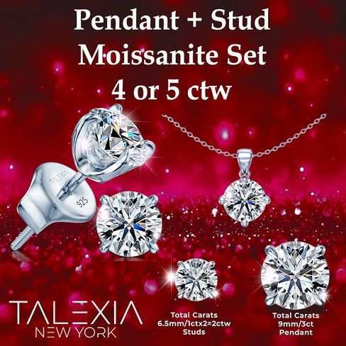 Moissanite Pendant and Earring Set for Women — 3ct Round Pendant Necklace 1 or 2 ctw Screw Back Stud Earrings, D Color VVS1, 16+4" Adjustable Chain, 925 Sterling Silver 18K White Gold Plated, Hypoallergenic Sensitive Ears in Saudi Arabia