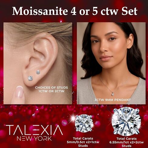 Moissanite Pendant and Earring Set for Women — 3ct Round Pendant Necklace 1 or 2 ctw Screw Back Stud Earrings, D Color VVS1, 16+4" Adjustable Chain, 925 Sterling Silver 18K White Gold Plated, Hypoallergenic Sensitive Ears in Saudi Arabia