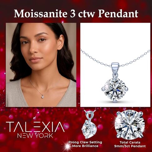 Moissanite Pendant and Earring Set for Women — 3ct Round Pendant Necklace 1 or 2 ctw Screw Back Stud Earrings, D Color VVS1, 16+4" Adjustable Chain, 925 Sterling Silver 18K White Gold Plated, Hypoallergenic Sensitive Ears in Saudi Arabia