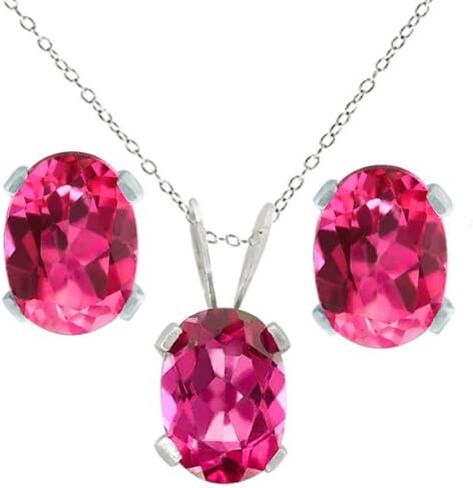 Gem Stone King 3.00 Cttw Oval Pink Topaz Earrings Pendant Set for Women | 925 Sterling Silver | Oval 7X5MM | Gemstone Birthstone | With 18 Inches Chain in Saudi Arabia
