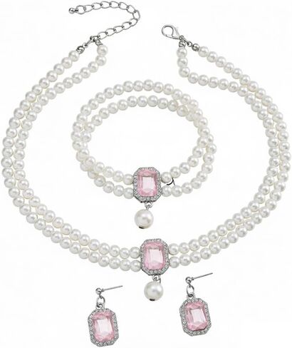 Pearl Rhinestone Jewelry Set for Women Pearl Necklace and Earring Bracelet Jewelry Set White Pearl Rhinestone Choker for Prom Wedding Birthday Bridal Bridesmaid Costume Accessories in Saudi Arabia