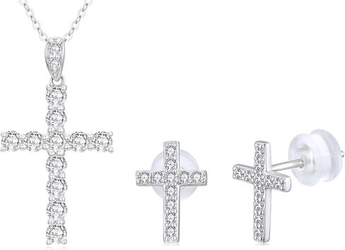 SISGEM 14k White Gold Lab Grow Dimaond Cross Necklace and Earrings for Women, Confirmation Jewelry Set for Her in Saudi Arabia