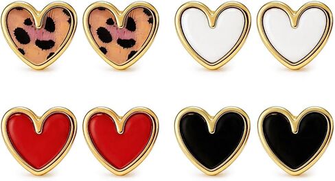 4 Pairs Heart Stud Earrings for Women Leopard Red White Black Gold Tone Love Jewelry Valentines Day Gifts Mothers Day Gifts in Saudi Arabia