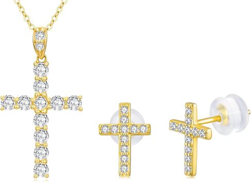SISGEM 14k Yellow Gold Lab Grow Dimaond Cross Necklace and Earrings for Women, Confirmation Jewelry Set Gifts for Her in Saudi Arabia