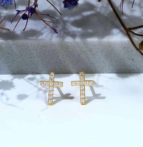 SISGEM 14k Yellow Gold Lab Grow Dimaond Cross Necklace and Earrings for Women, Confirmation Jewelry Set Gifts for Her in Saudi Arabia