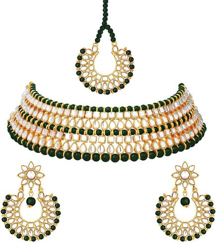 Aheli Choker Necklace with Chandbali Earring Maang Tikka Indian Traditional Bollywood Jewelry Set Gift for Women in Kuwait