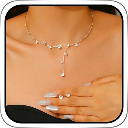 Rhinestone Wedding Jewelry Sets Silver Choker Necklace Earrings Set for Women and Brides in Saudi Arabia