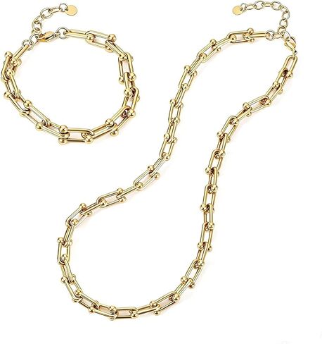 18K Gold-Plated Chunky Paperclip Necklace Bracelet Set for Women – Stainless Steel Cuban Link Chain Jewelry, Waterproof & Tarnish Resistant, Adjustable Statement Fashion Accessories in Saudi Arabia