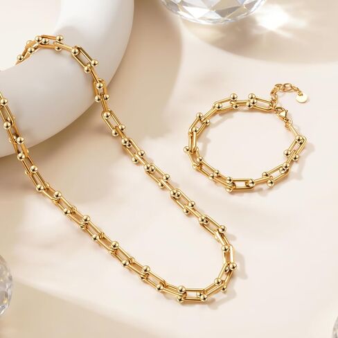 18K Gold-Plated Chunky Paperclip Necklace Bracelet Set for Women – Stainless Steel Cuban Link Chain Jewelry, Waterproof & Tarnish Resistant, Adjustable Statement Fashion Accessories in Saudi Arabia
