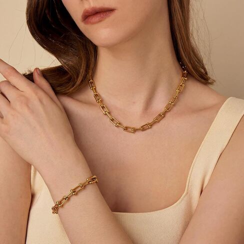 18K Gold-Plated Chunky Paperclip Necklace Bracelet Set for Women – Stainless Steel Cuban Link Chain Jewelry, Waterproof & Tarnish Resistant, Adjustable Statement Fashion Accessories in Saudi Arabia