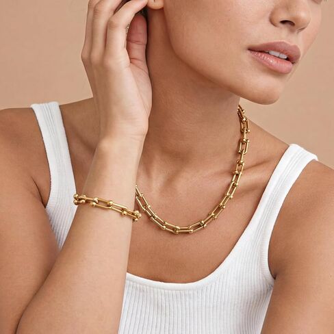18K Gold-Plated Chunky Paperclip Necklace Bracelet Set for Women – Stainless Steel Cuban Link Chain Jewelry, Waterproof & Tarnish Resistant, Adjustable Statement Fashion Accessories in Saudi Arabia