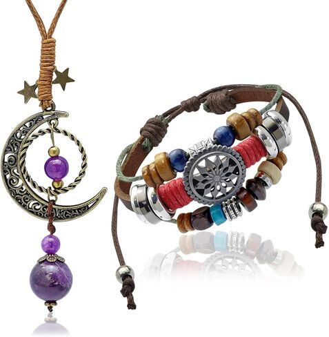 2 Pcs Bohemian Hippie Jewelry Set for Women Men Retro Ceramic Beads Star and Moon Necklace Multi Layer Hand Woven Bracelet Adjustable Bohemian Gift in Saudi Arabia