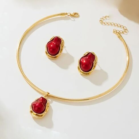 Vintage statement wine red imitation pearl Baroque earring collar and earring set in Kuwait