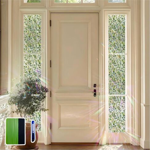 Suncatcher Rainbow Window Privacy Film, Green Eucalyptus Leaves Suncatcher, Static Cling Glass Film for Sidelight Door Narrow Window Housewarming Gifts for Women, 11"x78.7" in Saudi Arabia