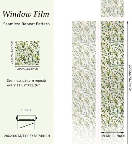 Suncatcher Rainbow Window Privacy Film, Green Eucalyptus Leaves Suncatcher, Static Cling Glass Film for Sidelight Door Narrow Window Housewarming Gifts for Women, 11"x78.7" in Saudi Arabia