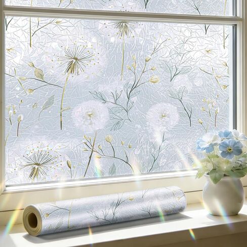 ICOOP Privacy Window Film Floral Stained Glass Film Botanical Window Clings for Glass Windows 23.6"x80" Dandelion Windows Sticker Privacy Non-Adhesive Elegant Static Cling Sticker for Home Kitchen in Saudi Arabia