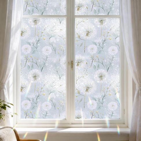 ICOOP Privacy Window Film Floral Stained Glass Film Botanical Window Clings for Glass Windows 23.6"x80" Dandelion Windows Sticker Privacy Non-Adhesive Elegant Static Cling Sticker for Home Kitchen in Saudi Arabia
