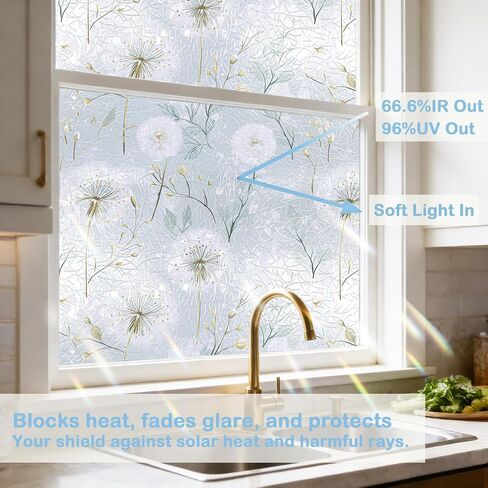 ICOOP Privacy Window Film Floral Stained Glass Film Botanical Window Clings for Glass Windows 23.6"x80" Dandelion Windows Sticker Privacy Non-Adhesive Elegant Static Cling Sticker for Home Kitchen in Saudi Arabia
