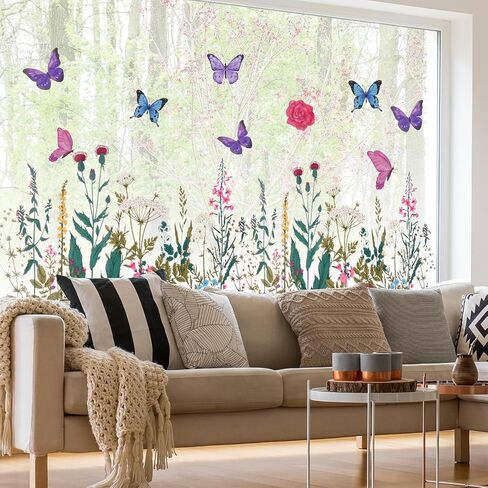 CEYAZYE Floral Window Clings for Glass Windows, Spring Summer Window Stickers Decorations, Wildflower Grass Butterfly Double-Sided Decals for Door Mirror, Home Party Supplies Shop Glass Display in Saudi Arabia