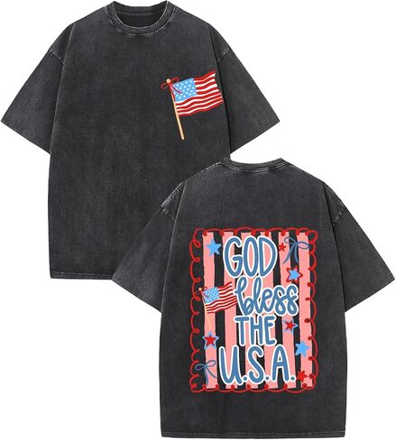 God Bless The USA Graphic Tee Vintage Acid Wash Oversized T-Shirt July 4th Patriotic American Flag Short Sleeve Shirt in Saudi Arabia