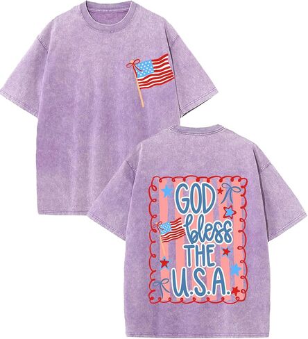 تي شيرت God Bless The USA جرافيك عتيق بغسل حمضي كبير الحجم، 4 يوليو، قميص قصير الأكمام بعلم أمريكي وطني in Kuwait